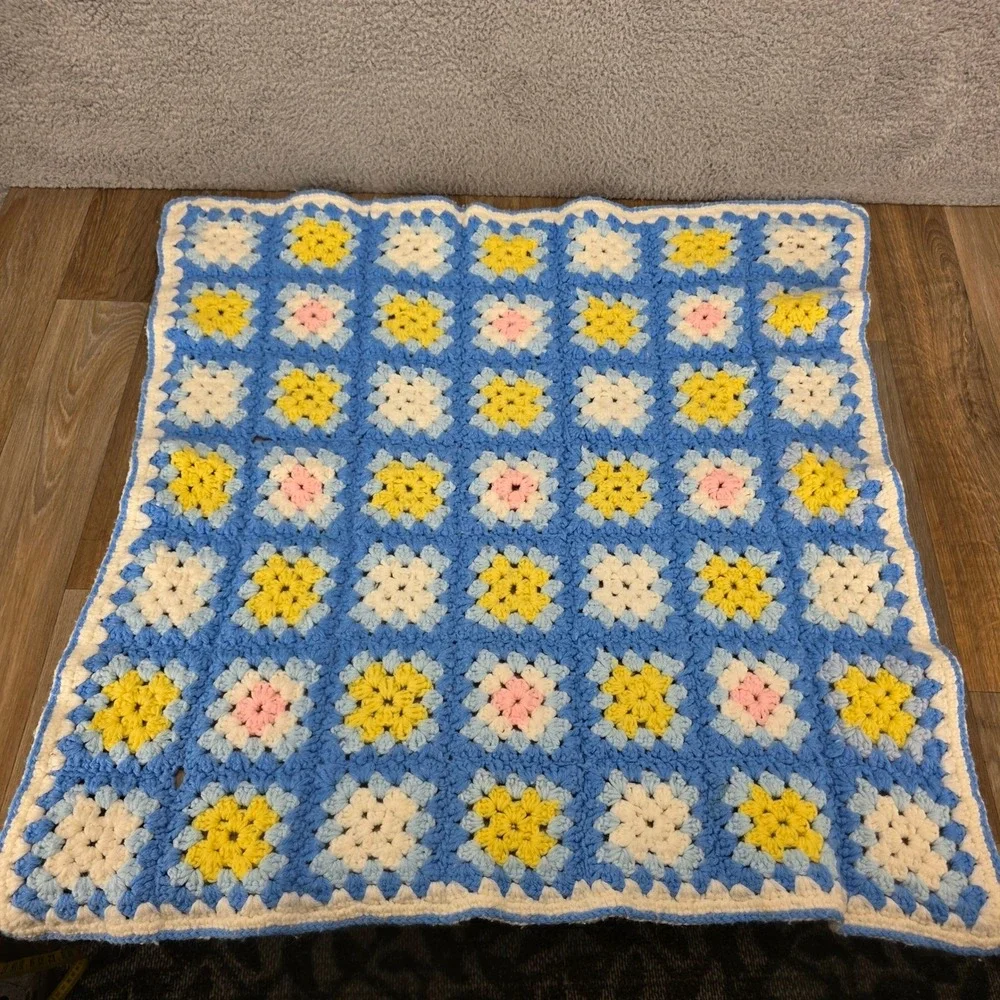Vintage‎ Handmade Crochet Granny Square Baby Blanket Blue Yellow Pink 29x30